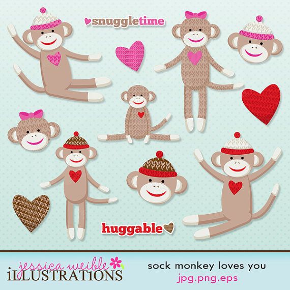 Sock Monkey Loves You Cute Digital Clipart   Commercial Use Ok   Sock