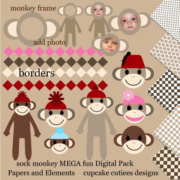 Sock Monkey Mega Pack Digital Clipart Elements And Digital Paper Set