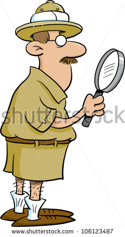 Cartoon Illustration Of An Explorer Holding A Magnifying Glass   Stock