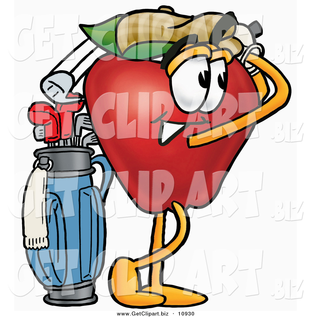 Clip Art Of A Smiling Red Apple Character Mascot Swinging His Golf    