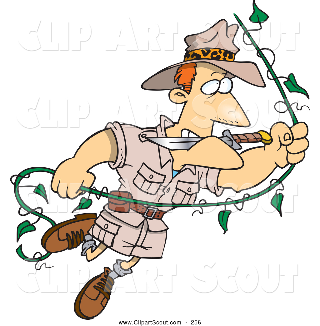 Clipart Of A Cute Cartoon Explorer Man Swinging On A Vine By Ron