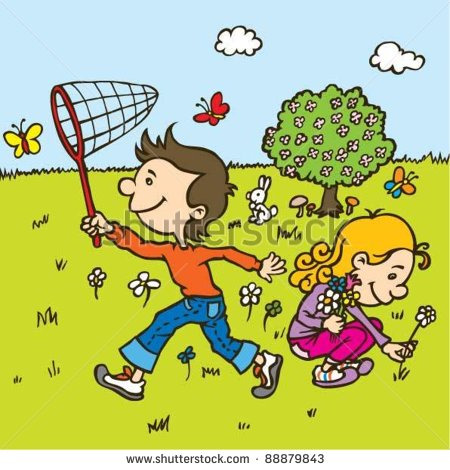 In Spring Hand Drawing Illustration Of A Kids Playing In Springtime