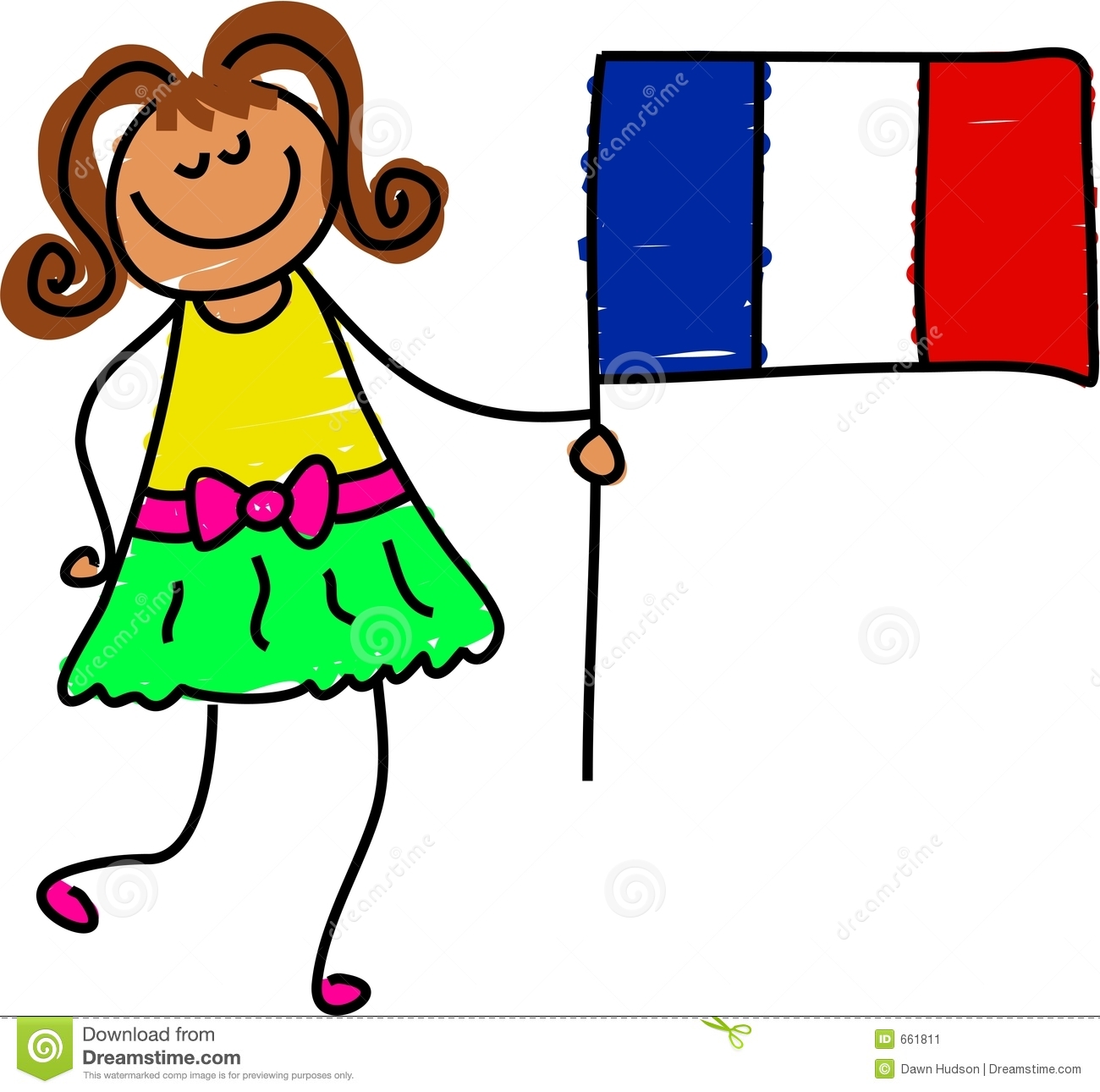 Little French Girl Proudly Holding The Flag Of France   Toddler Art