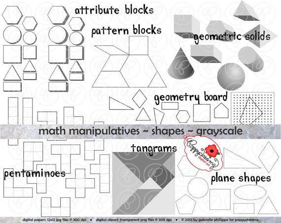 Math Manipulatives Shapes Grayscale Clipart Set    300 Dpi  School