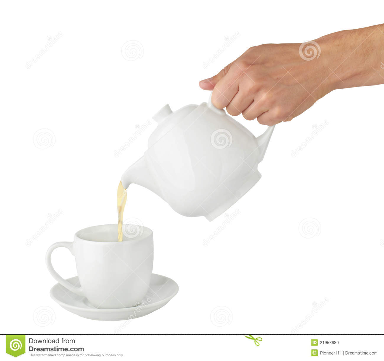 Teapot Pouring Tea Into A Cup On A White Background