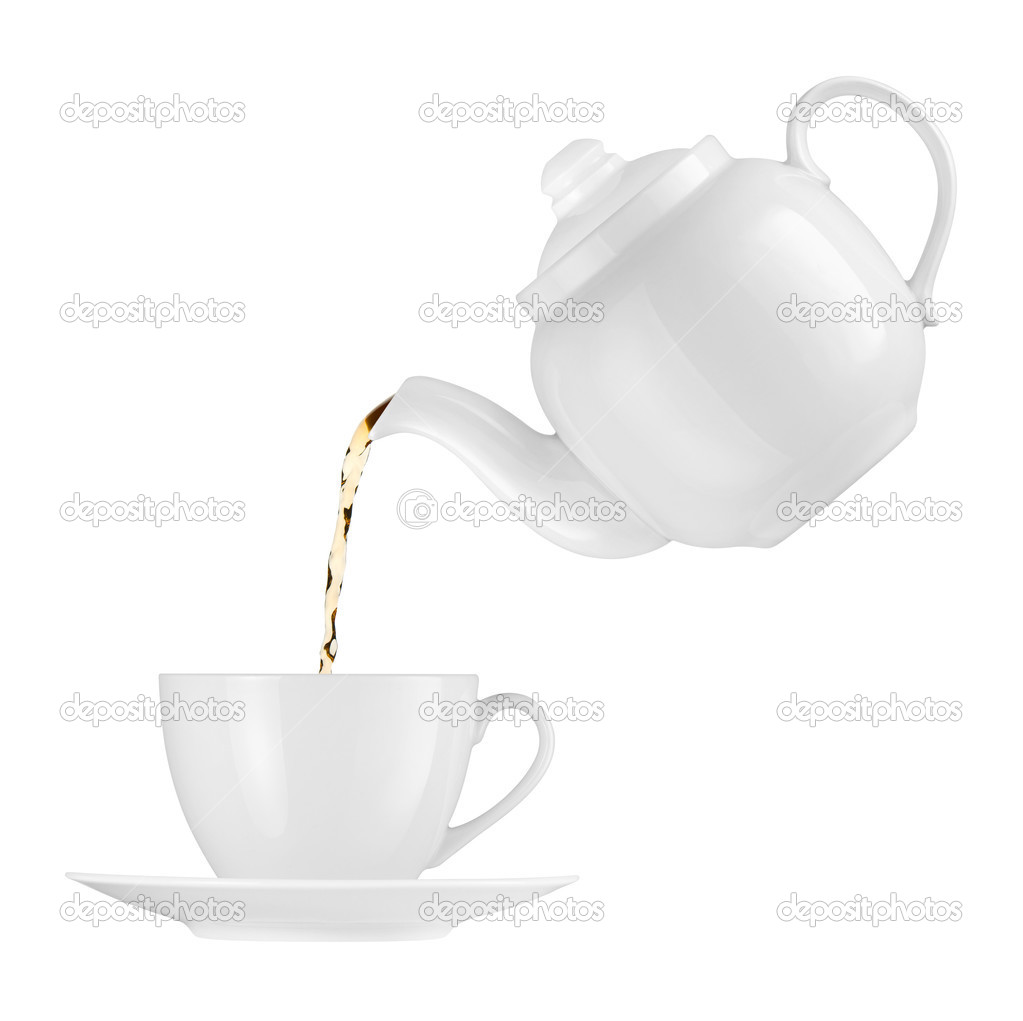 Teapot Pouring Teapot Pouring Tea Into A Cup On A White Background