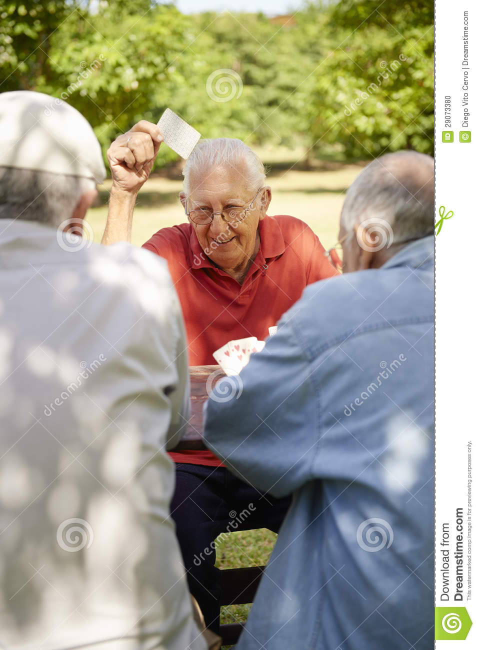 Active Seniors Group Of Old Friends Playing Cards At Park Stock Photo    