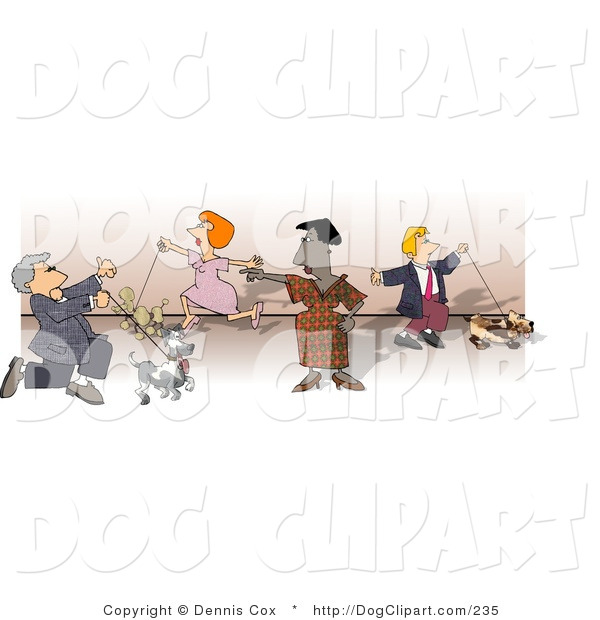 Clip Art Of Four Men And Women Walking Their Dogs At A Dog Show