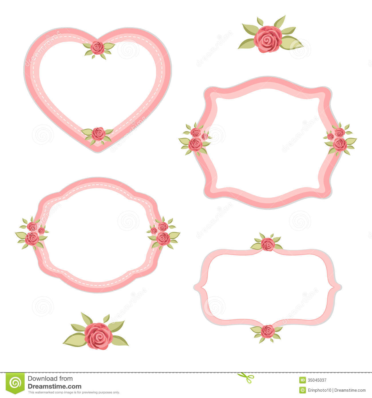 Floral Heart Frames With Roses In Shabby Chic Style Isolated On White