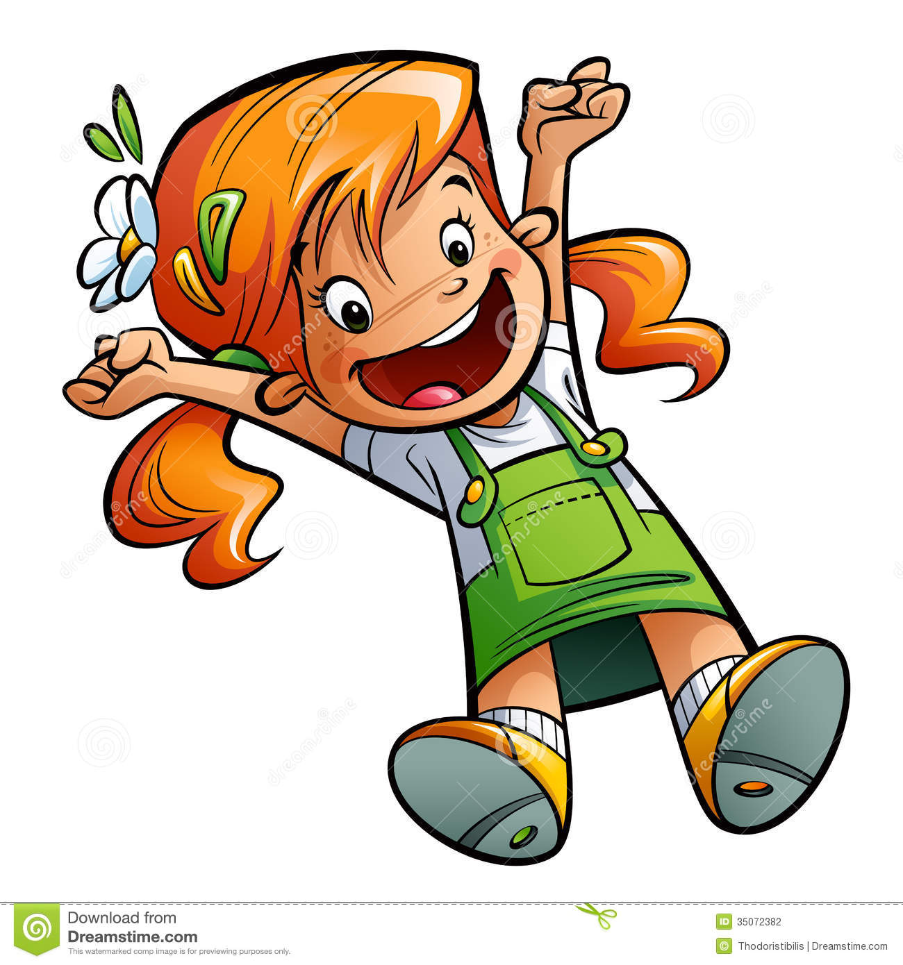 Happy Cute Cartoon Girl Jumping Happily Stretching Hands And Leg Stock    