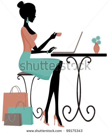Illustration Of A Young Elegant Woman Having Coffee And Using A Laptop