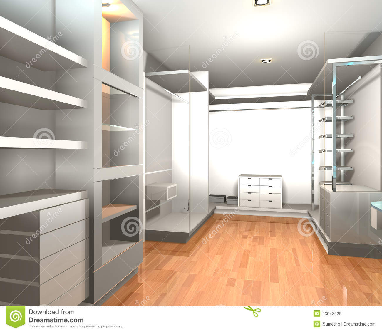 Interior Modern Room For Walk In Closet With Shelves And White Wall
