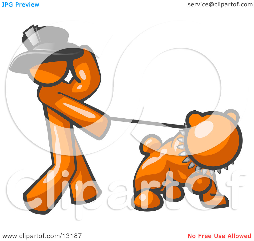 Orange Man Walking A Tough Bulldog On A Leash Clipart Illustration By