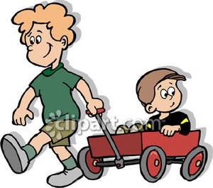     Pulling His Little Brother In A Wagon   Royalty Free Clipart Picture