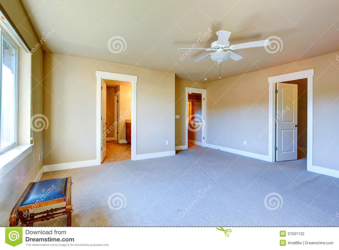 Room With Carpet Floor Ceiling Fan Has Walk In Closet And Bathroom