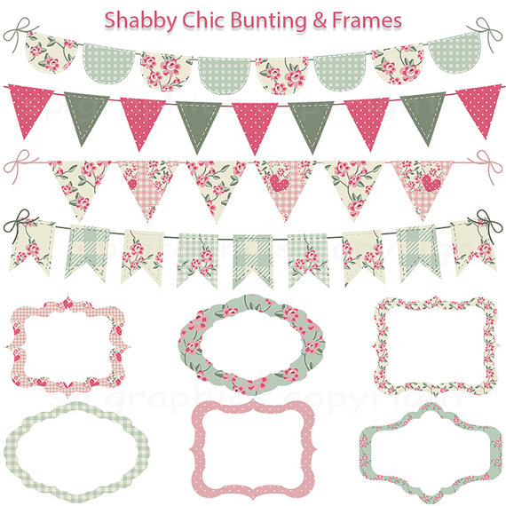 Shabby Chic Bunting And Tags   Frames   Grunge   Digital Clipart For