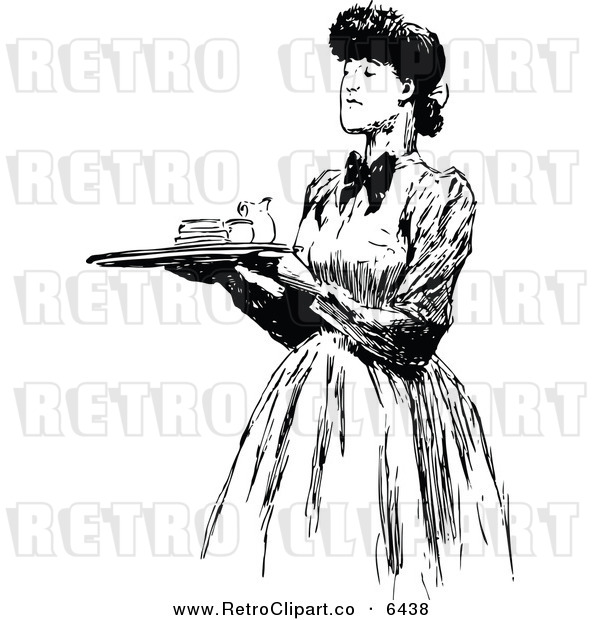 Vector Clipart Of A Retro Black And White Woman Carrying A Food