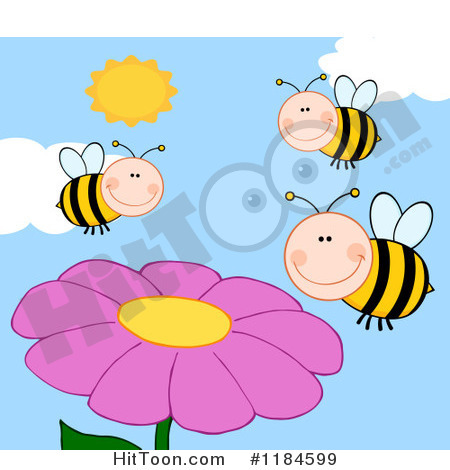 Bees And Flowers Clipart Happy Bees Over Pink Flowers  