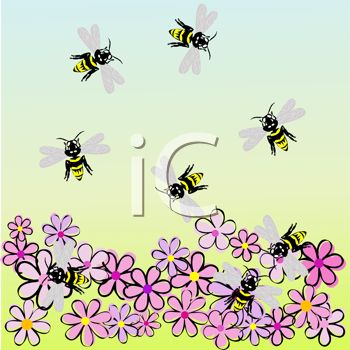 Bees Pollinating Flowers   Royalty Free Clipart Image
