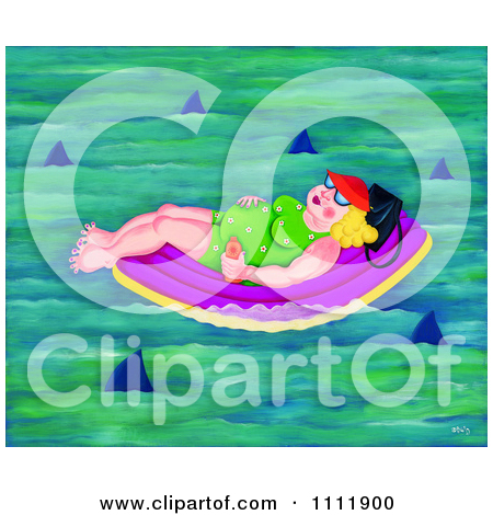 Clipart Chubby Lady Floating In A Circle Of Sharks   Royalty Free