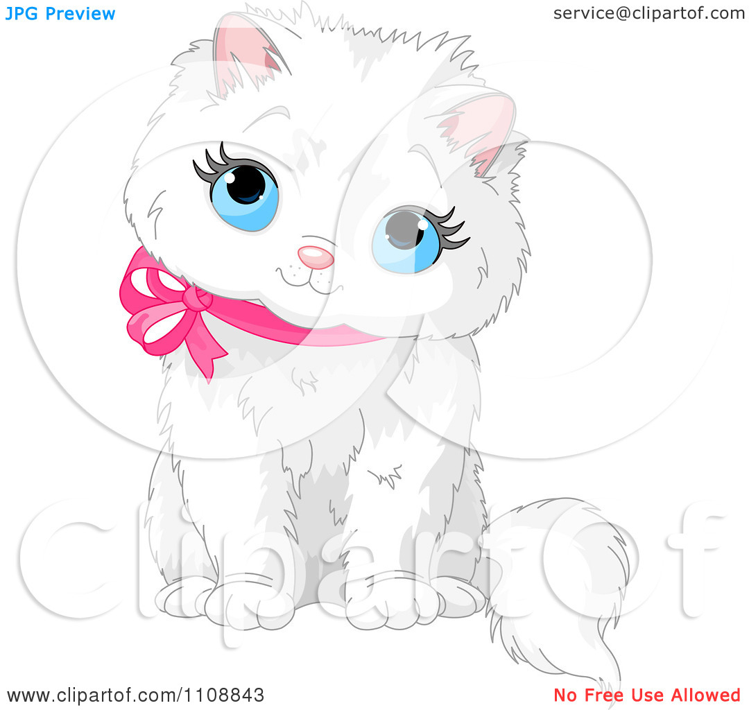 Clipart Cute White Kitten Sitting Looking Up And Wearing A Pink Ribbon