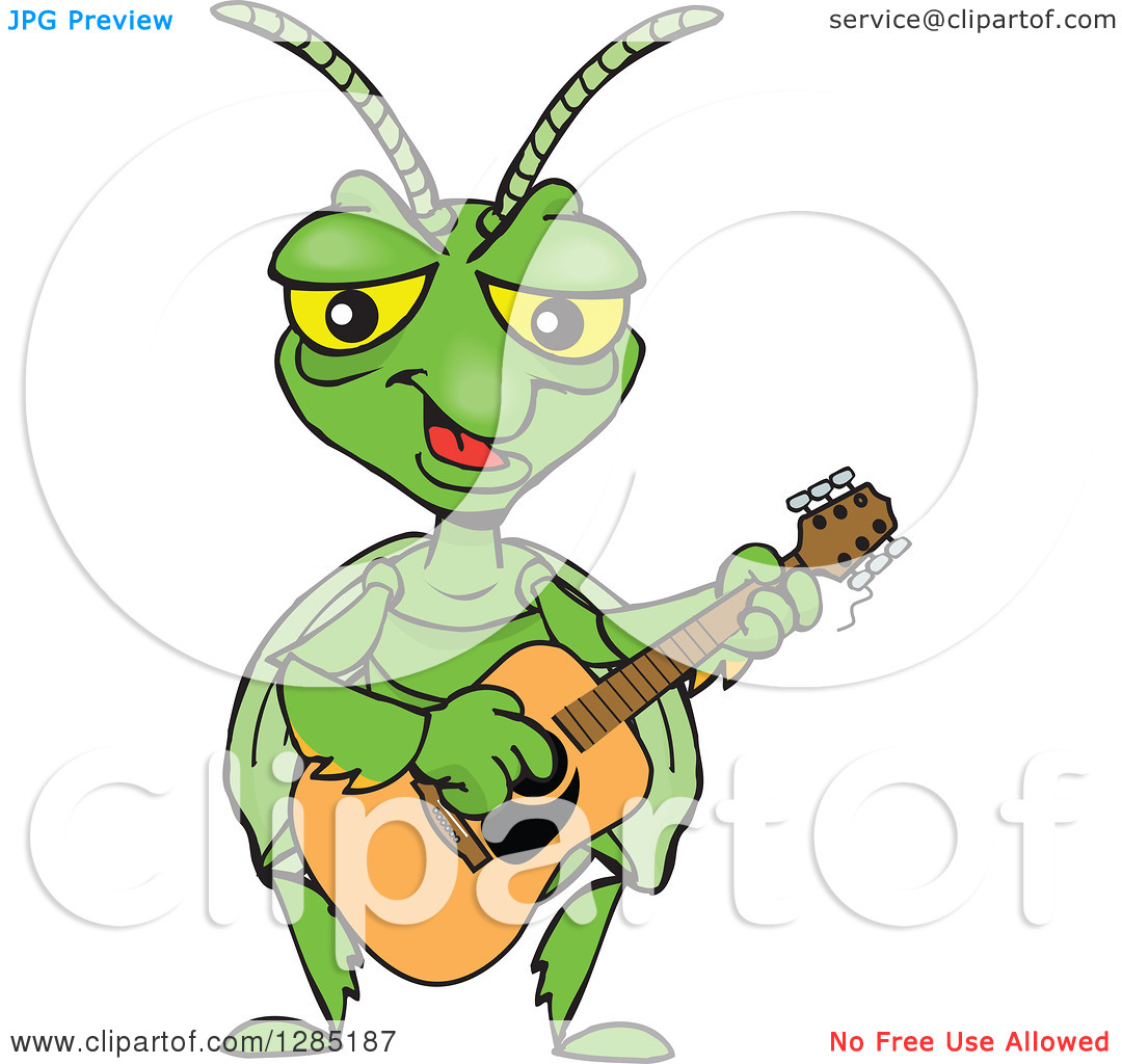Clipart Of A Cartoon Happy Praying Mantis Playing An Acoustic Guitar