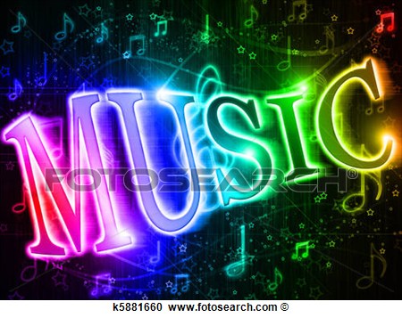 Colorful Word Music On Rainbow Background Of Music And Musical Symbols