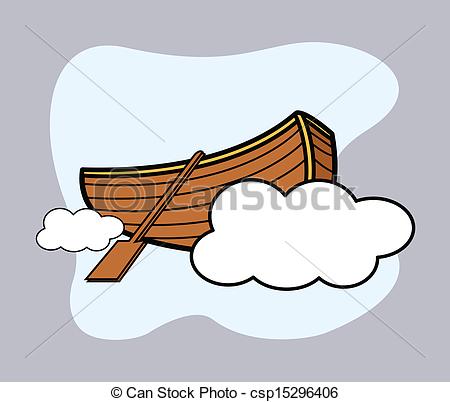 Drawing Art Of Cartoon Wooden Boat Flying In The Sky Clouds Vector