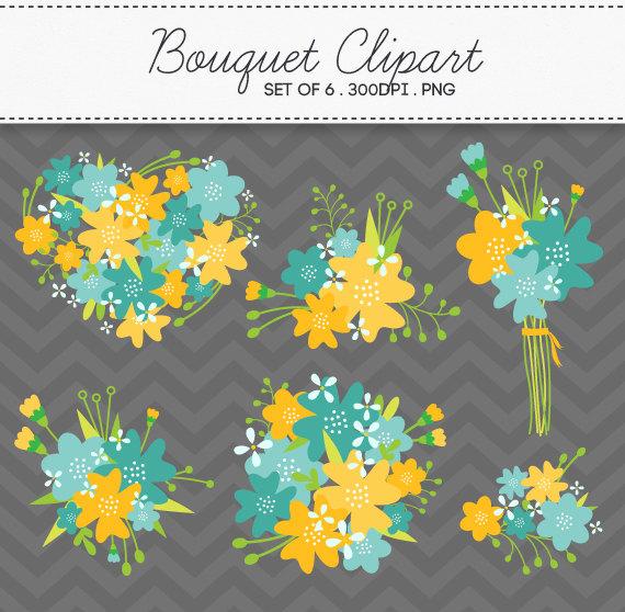 Floral Flower Bouquet Blue Yellow Clipart   Instant Download   Digital