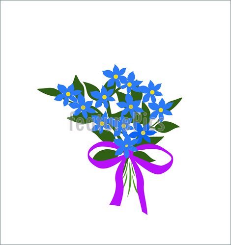 Illustration Of Blue Forget Me Not Flower Bouquet And Bow On White