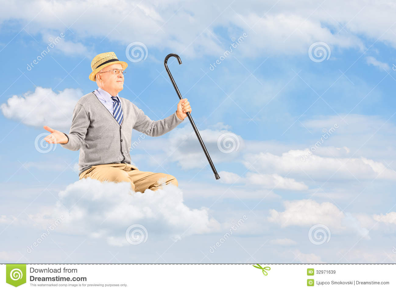 Senior Man Floating On A Cloud And Spreading Arms Against Cloudy
