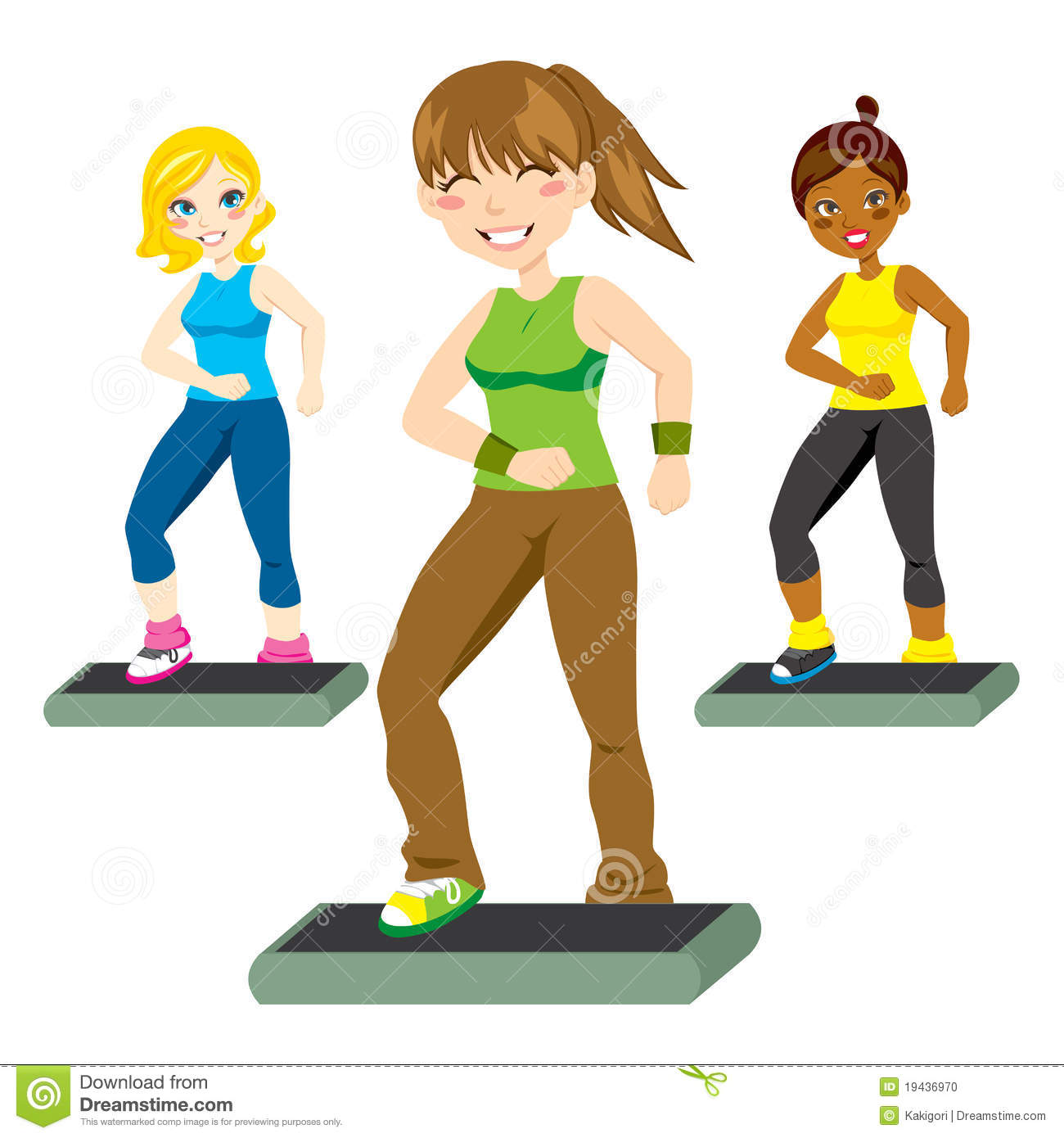 Three Attractive Women Happily Exercising Aerobic Steps 