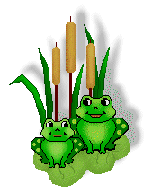 Two Frogs Gold Cattails On Lily Pads Shadowed Clipart