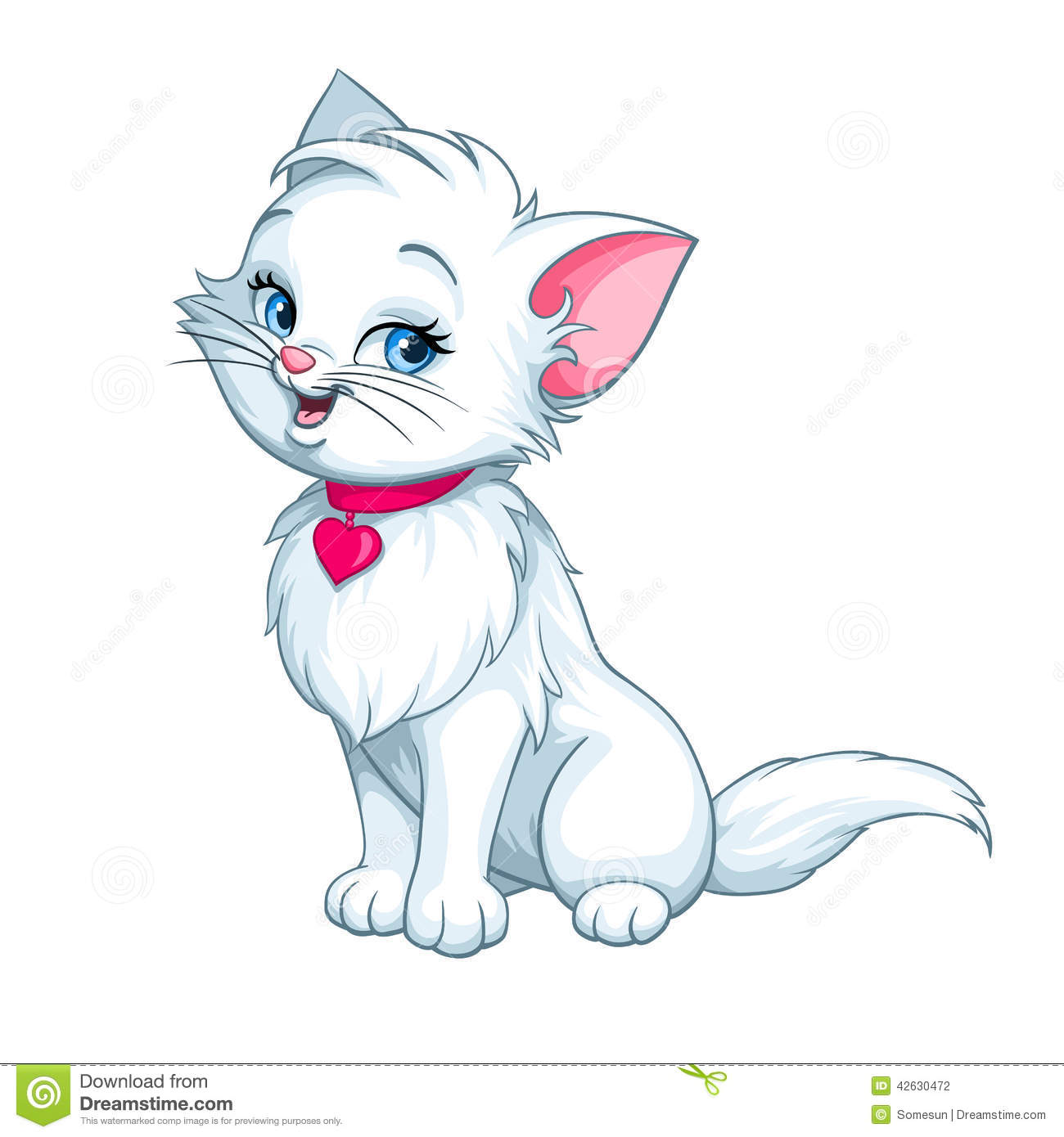 Vector Happy Cute Fun White Kitten Cartoon Smiling Character Cat With    