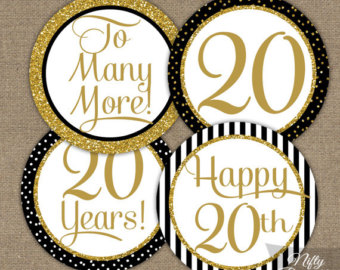 20th Anniversary Cupcake Toppers   Twentieth Anniversary Black   Gold