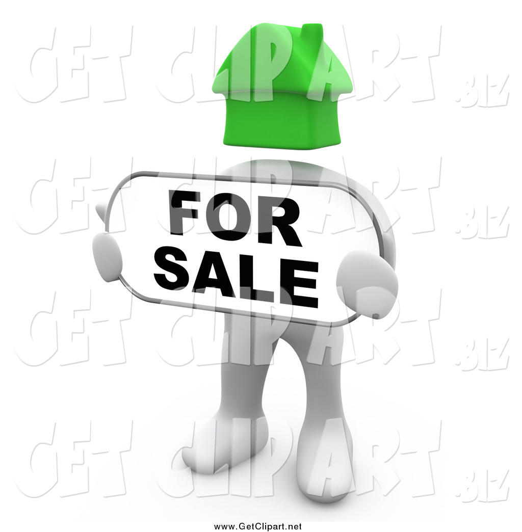 3d White Man With A Green House Head Holding A For Sale Sign By 3pod