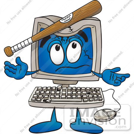 Clip Art Graphic Of A Desktop Computer Cartoon Character Being Broken