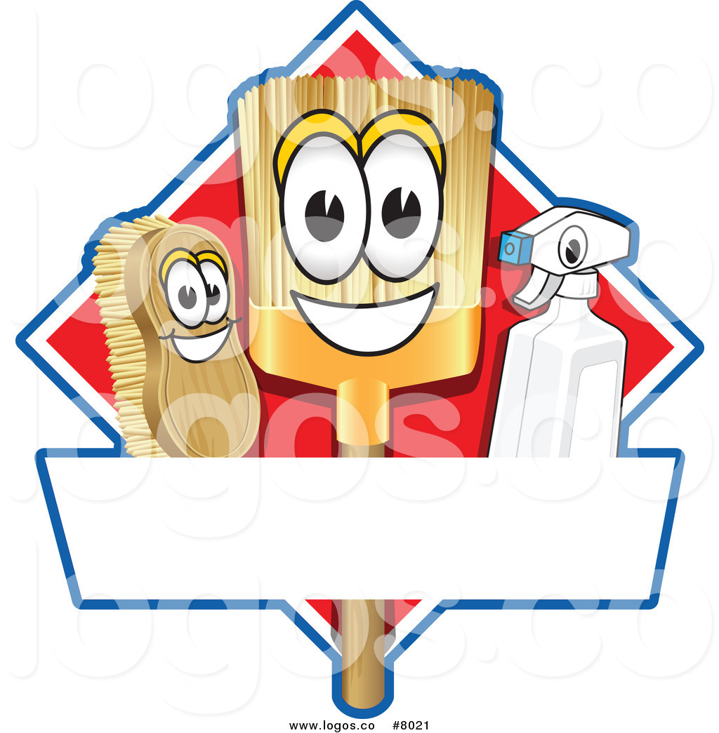 Logo Of A Happy Broom Scrub Brush And Spray Bottle On A Red Cleaning    