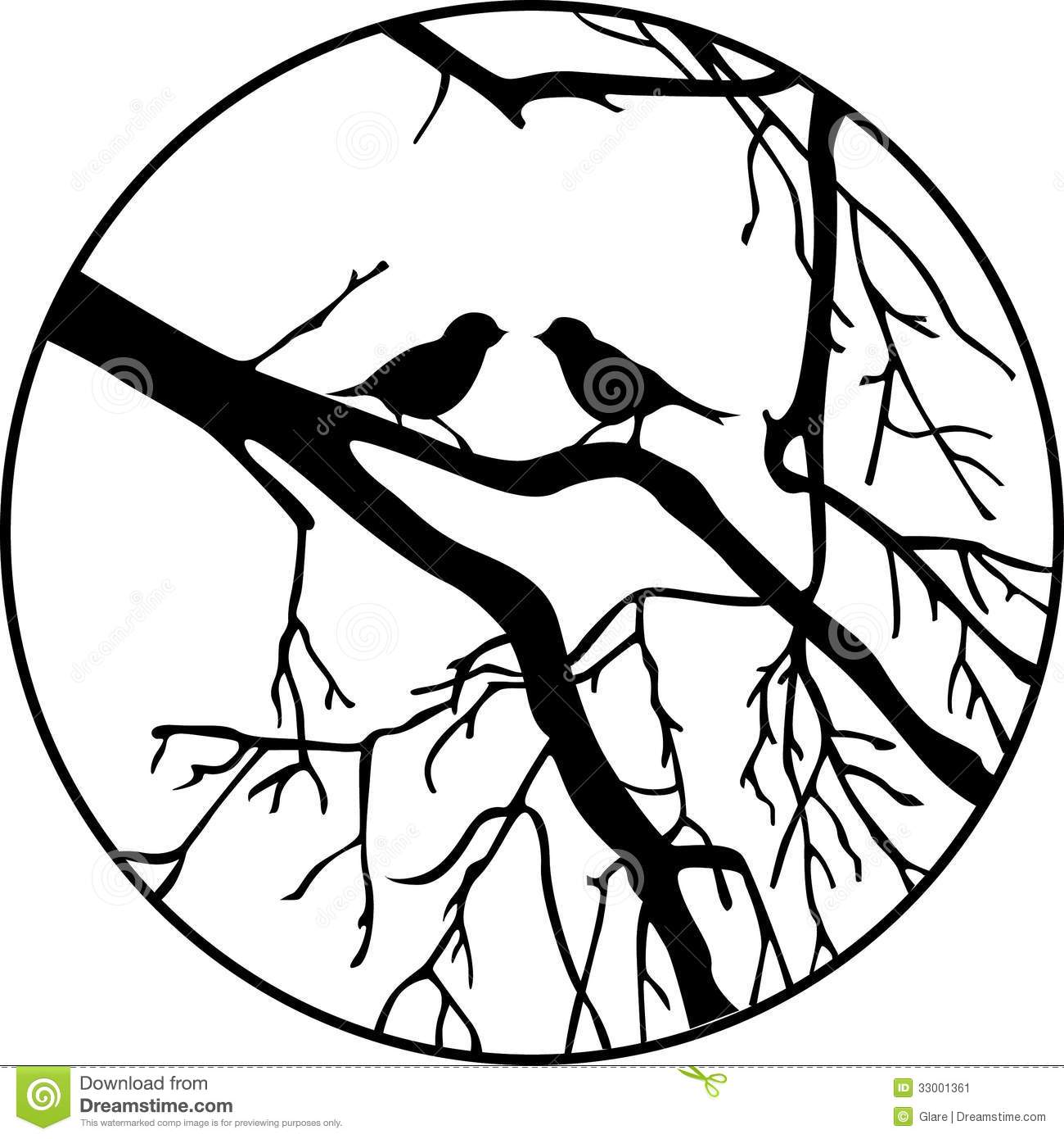 Two Birds Sitting On The Tree Branch Black And White Illustration