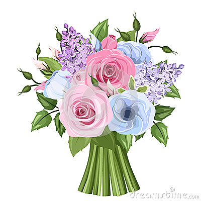 Bouquet Of Pink Blue And Purple Roses Lisianthus And Lilac Flowers    