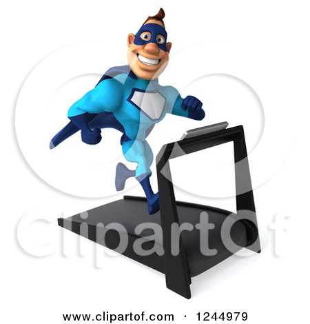 Clipart Of A 3d Blue Super Hero Man Running On A Treadmill 3   Royalty