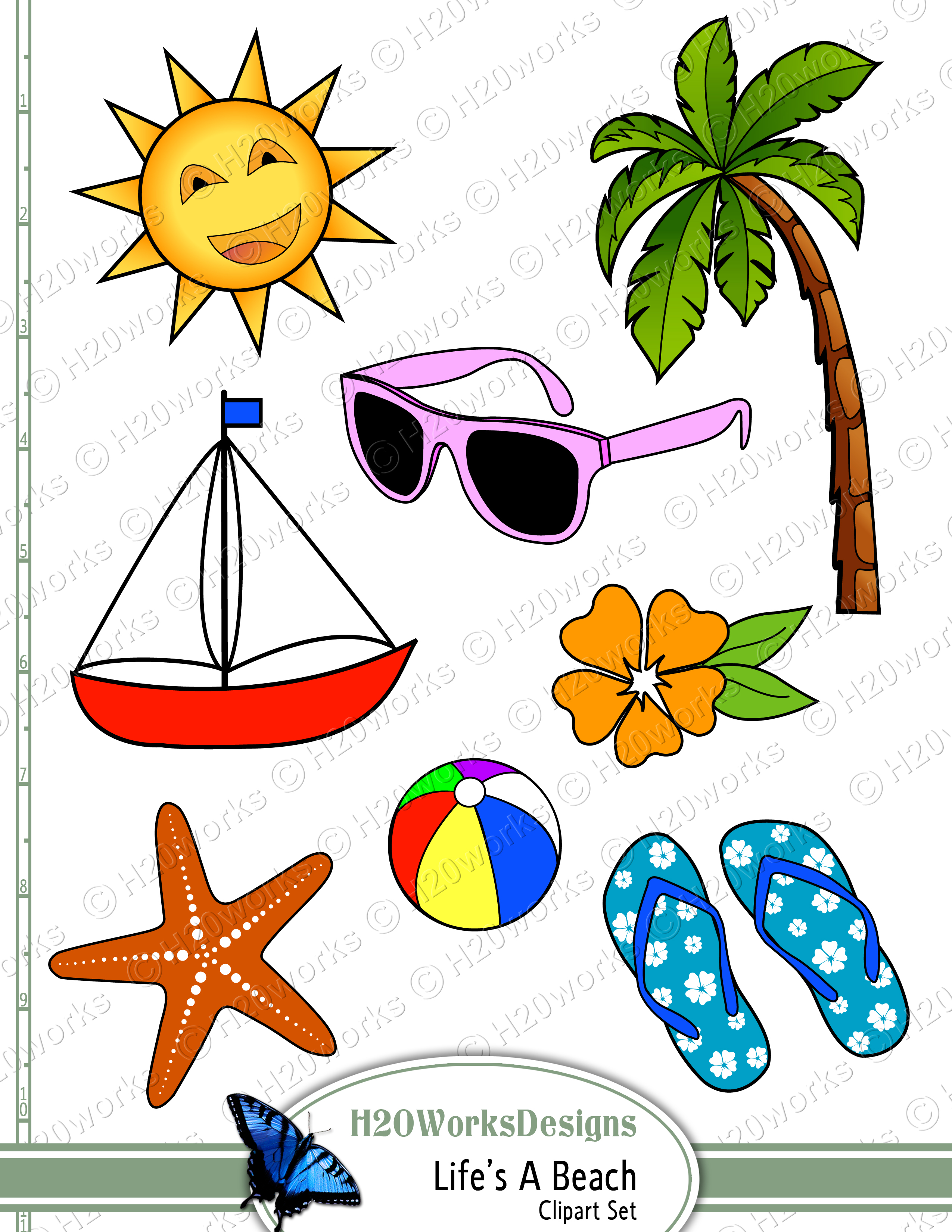 Life S A Beach Clipart Set On 8 5x11 Sheet   Starfish Sun Palm Tree    