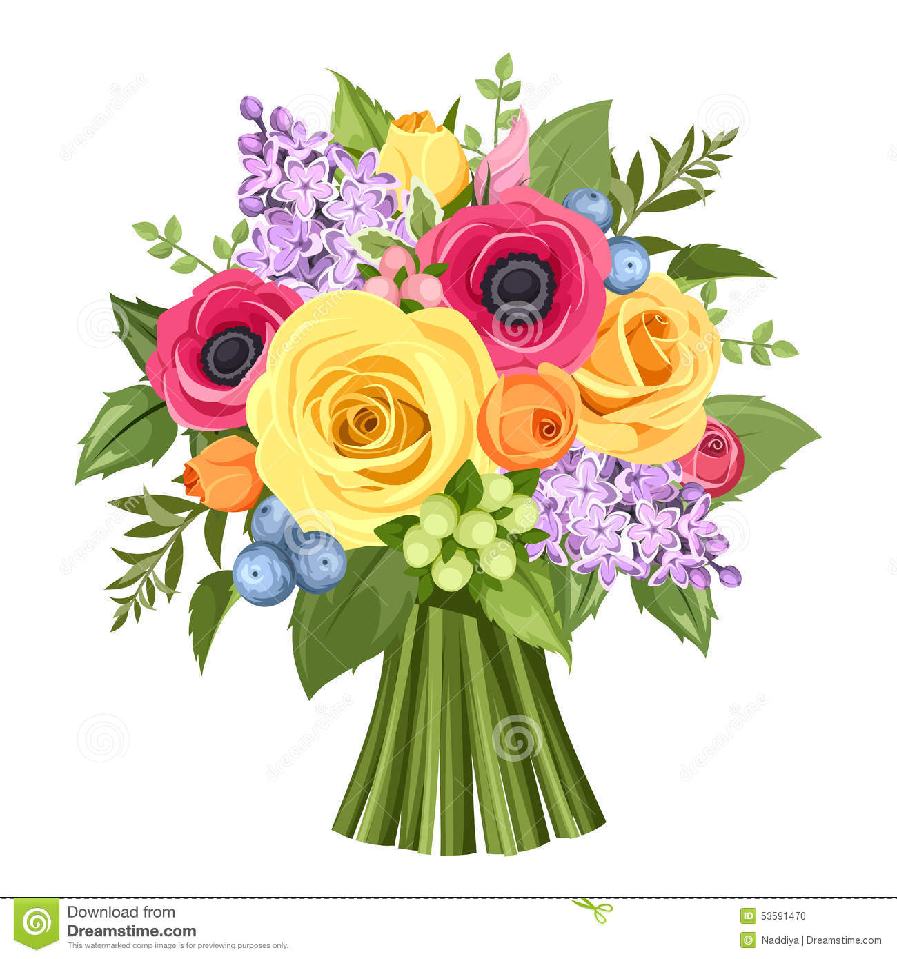 Vector Bouquet Of Red Orange Yellow And Purple Roses Anemones And    