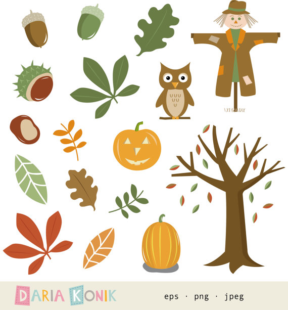 Art Set   Autumn Clipart Leaves Acorns Chestnuts Scarecrow Owl