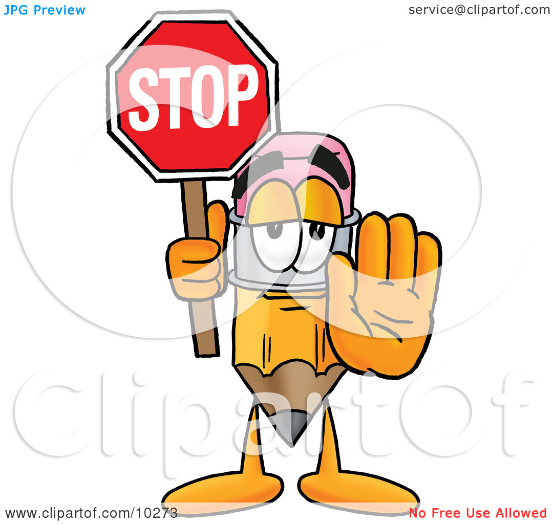 Clipart Picture Of A Pencil Mascot Cartoon Character Holding A Stop