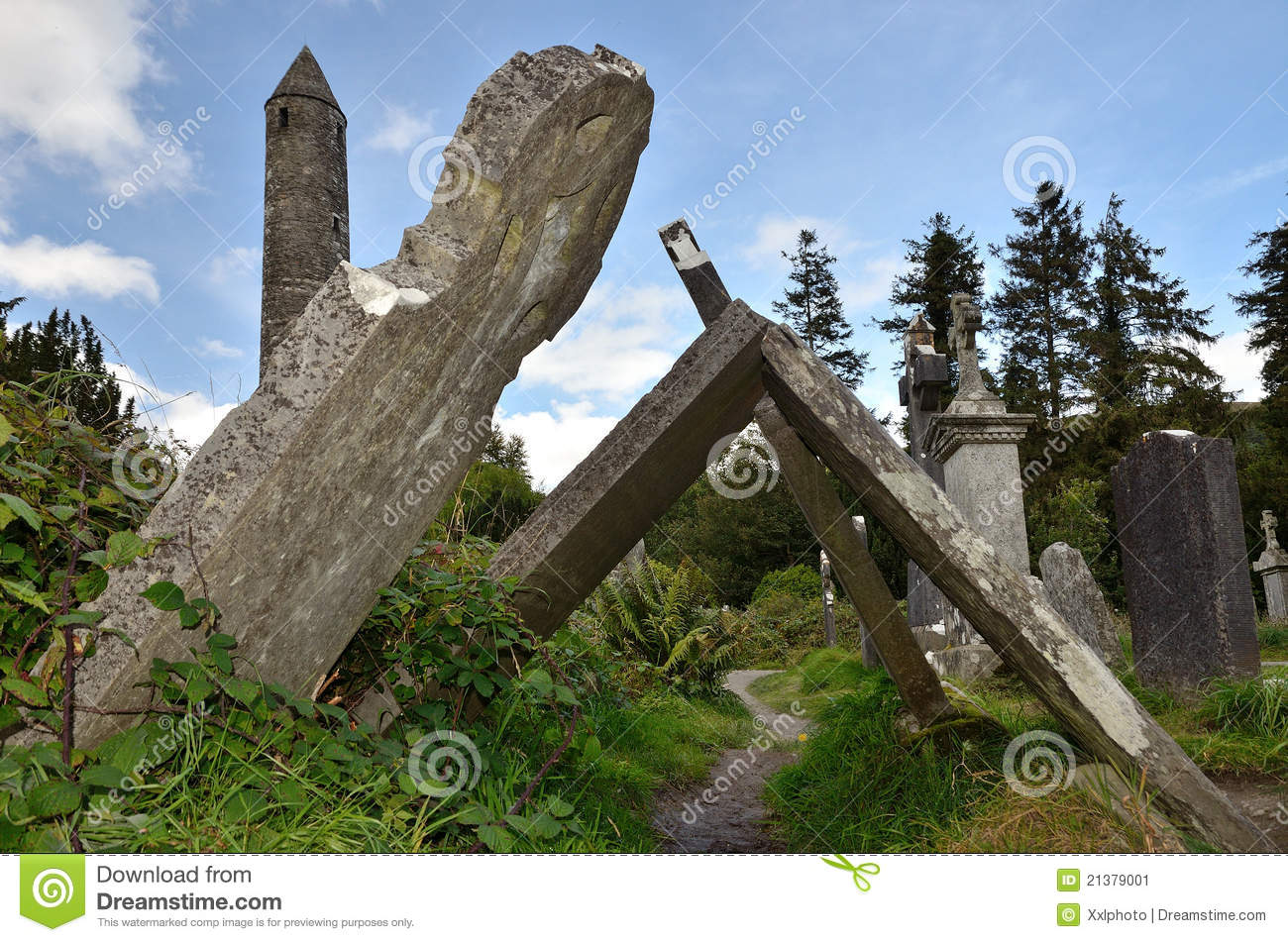 Tilted Tombstones On Cementary Of Glendalough Ireland 