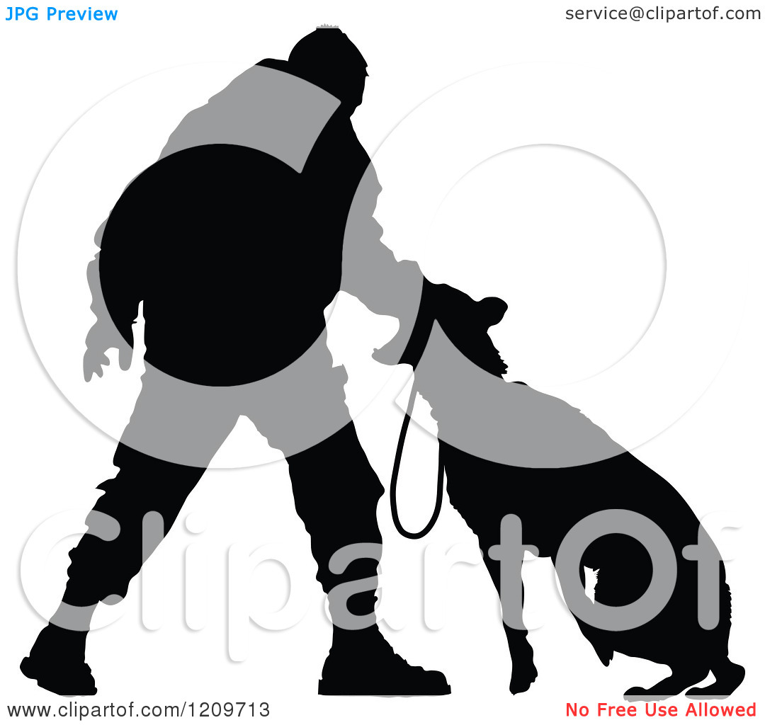 Clipart Of A Black Silhouetted Police Officer Training With His K9 Dog    
