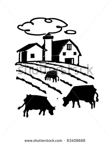 Cows Grazing On Farm   Retro Clipart Illustration   63408688