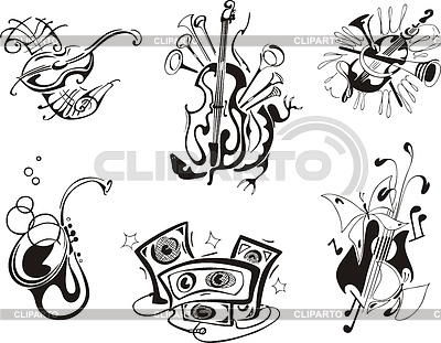 Musical Instruments  Set Of Black And White Vector Musical Emblems