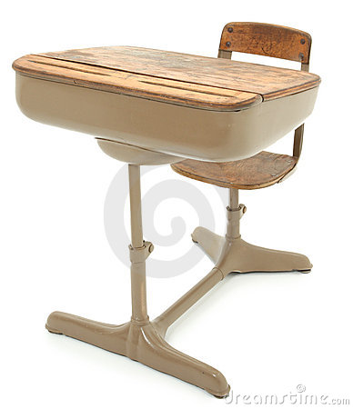 Old Wooden And Metal School Desk Over White Background